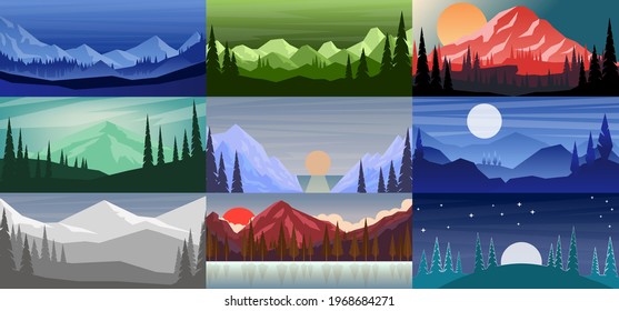 Set of cartoon mountain landscape in flat style. Mountain landscape with fir trees. Design element for poster, card, banner, flyer. Vector illustration