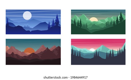 Set of cartoon mountain landscape in flat style. Mountain landscape with fir trees. Design element for poster, card, banner, flyer. Vector illustration
