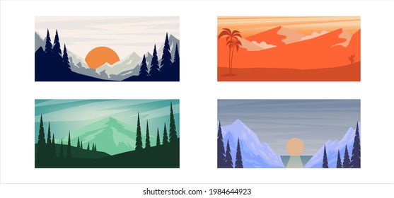 Conjunto de caricaturas de montaña en estilo plano. Paisaje montañoso con abetos. Elemento de diseño para afiche, tarjeta, pancarta, volante. Ilustración del vector
