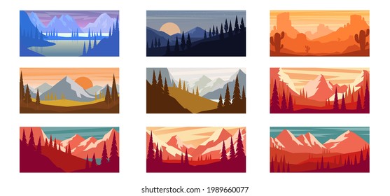 Set of cartoon mountain landscape in flat style. Mountain landscape with fir trees. Design element for poster, card, banner, flyer. Vector illustration