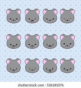 Set of Cartoon mouse stickers. Funny and kawaii smiles, emoji, expressions, emoticons. Vector illustration.