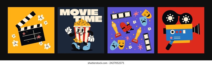 Conjunto de caricaturas de cine pósters. Personaje de palomitas de maíz en manos enguantadas, película, cine. Funky pegatinas hipster groovy en estilo de los años 90. Conjunto de vectores, banners promocionales de moda