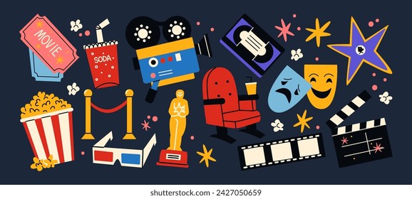 Set cartoon movie cinema stickers, labels, tags, patches.Popcorn, film, cinema. Funky groovy hipster stickers in 90s style. Vector set, trendy promo labels