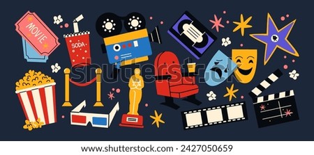 Set cartoon movie cinema stickers, labels, tags, patches.Popcorn, film, cinema. Funky groovy hipster stickers in 90s style. Vector set, trendy promo labels