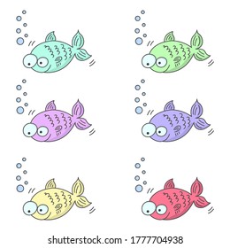 Set of cartoon multicolored fish of the same type with bubbles. Freehand drawing. Isolated vector illustration on a white background.