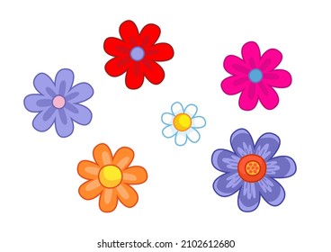 Set of cartoon multi-colored flowers daisies. Collection of floral decor to decorate cards, invitations, textiles. Vector cute art with outline