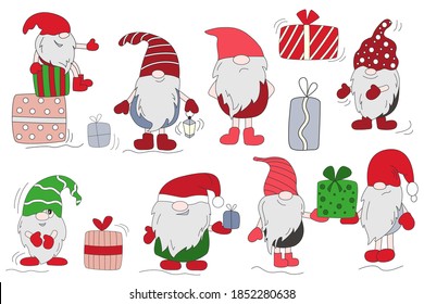 Set of cartoon multi-colored gnomes. Gnomes with gifts. Christmas and New Year gifts. Vector illustration isolated on white background.