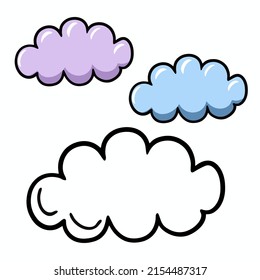 A set of cartoon multicolored light clouds and a sketch, cloudy weather, vector illustrations on a white background to indicate the weather