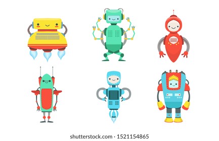 Set of cartoon multi-colored robots. Vector illustration.