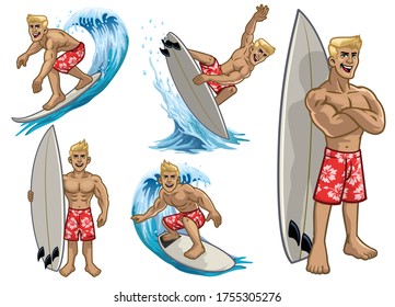 set cartoon of muscle white surfing man