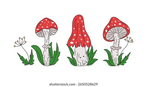 Set cartoon mushrooms. Amanita, fly agaric, mushrooms and leaves. Hand drawn icons, doodle drawings, summer nature illustration.