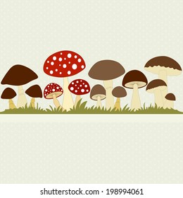 Set of cartoon mushrooms on polka dots background