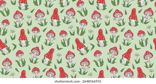 Conjunto de setas de dibujos animados, patrón sin fisuras. Amanita, mosca agárica, setas y hojas. Iconos dibujados a mano, dibujos de garabatos, ilustración de naturaleza de verano.