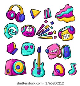 Set of cartoon musical items. Music party colorful teenage creative illustration. Fashion symbol in modern comic style.