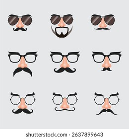 Set of Cartoon Mustaches, Glasses, and Noses for Fun Icons or Costumes