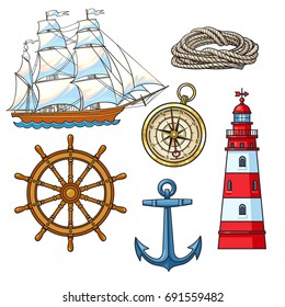 Set of cartoon nautical elements - lighthouse, anchor, compass, ship, rope, steering wheel, vector illustration isolated on white background. Nautical elements - sailboat, lighthouse, anchor, rope