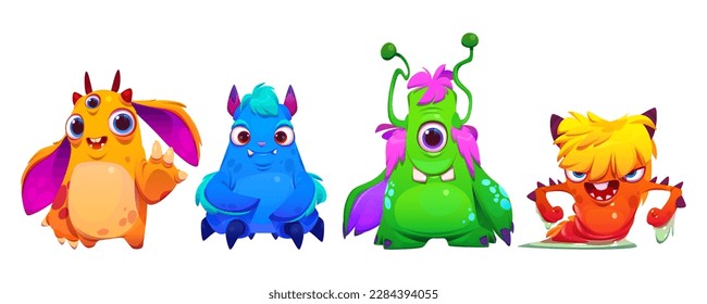 Conjunto de monstruos de color neón de dibujos animados aislados sobre fondo negro. Imagen vectorial de personajes alienígenas lindos con caras graciosas y alegres. Criaturas alarmantes de Halloween. Mascotas dulces de peluche cómico