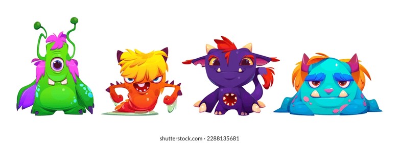 Set of cartoon neon color monsters isolated on black background. Vector illustration of cute alien characters with funny happy and angry faces. Scary Halloween creatures. Comic furry sweet mascots