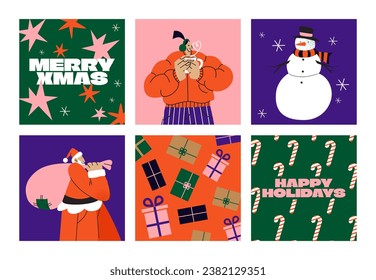 Set of cartoon New Year posters in the 90s groovy style. Hippie Christmas cards, snowman, winter characters in jackets. Acid bright banners