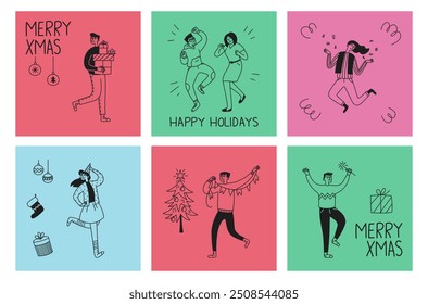 Set of cartoon New Year posters. Christmas cards, gifts, doodle characters. Outline, line. Vector illustration