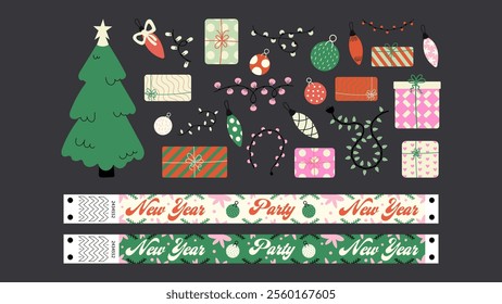 Set cartoon New Year stickers and wristband in the 90s groovy style. Hippie New Yaer patches, new year party, party wristband, winter characters,gifts. Acid bright labels