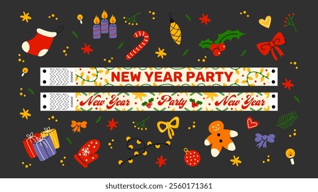 Set cartoon New Year stickers and wristband in the 90s groovy style. Hippie New Yaer patches, new year party, party wristband, winter characters,gifts. Acid bright labels