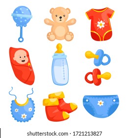 Set cartoon newborn baby items vector illustration isolated on white background. Motherhood flat elements. Rattle, teddy bear, sliders, baby, bottle milk, bib, socks, diaper