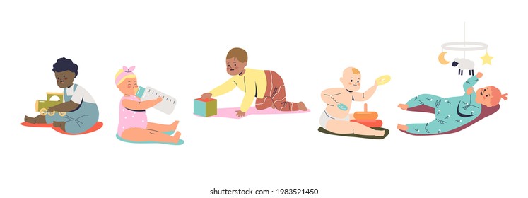 Set of cartoon newborn kids playing with different toys: carousel, train and cube, drinking milk formula from bottle. Cute infant children on white background. Flat vector illustration