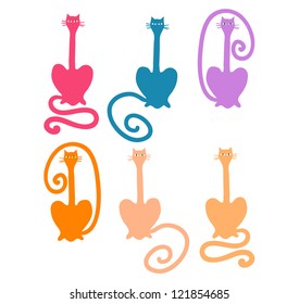 set of cartoon nice vector cats in red, orange, pink, blue, violet color