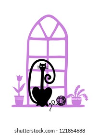 set of cartoon nice vector cats on the window with plants