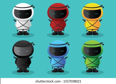 Set of cartoon ninja with multi colour costume. Vector illustration