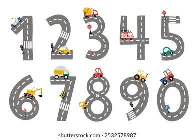 Set of cartoon numbers from 1 to 9. Childrens road and various colored cars in form of numbers. Children educational cards for learning numbers.