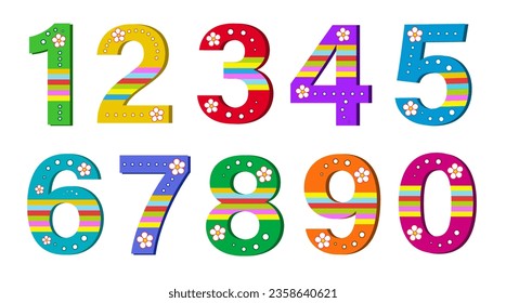 Set of cartoon numbers. Cute childhood numbers for baby birthday. Kindergarten decor. Mathematics in elementary school.