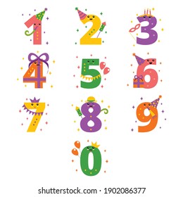 Set of cartoon numbers in flat style design. Collection of numerals for kids learning counting or mathematics. Colorful vector typography elements collection.