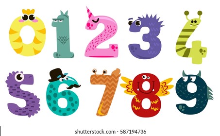 Set of cartoon numbers in flat style design. Collection of numerals for kids learning counting or mathematics. Wild monsters for children studying arithmetics.