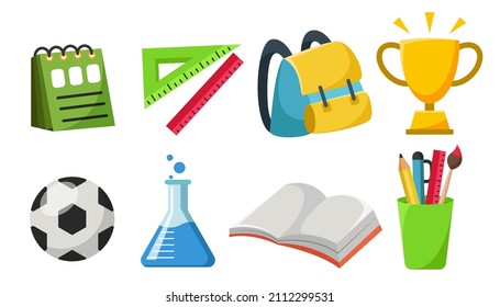 Set of cartoon object for student with bag, pen, pencil, football in back to school concept, vector illustration
