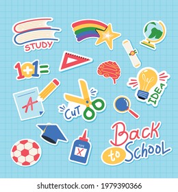 Set of cartoon objects for back to school. Colorful sticker style drawings. School and education doodles hand drawn vector symbols and objects. Collection cute stickers on checkered background.