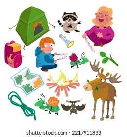 Set of cartoon objects. Children go camping. Animals, tent and backpack, marshmallows and campfire, map, objects to create scenes, games, postcard. Vector illustration for design, posters.