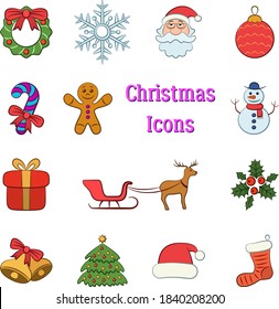 Set Cartoon Objects, Colorful Signs for Christmas Holiday Design. Vector