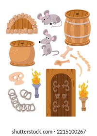 Set of cartoon objects. Cute mice, torches, castle objects, dungeons and wooden doors. Barrels and chains to create scenes. Vector illustration for games, design cards, posters, games.