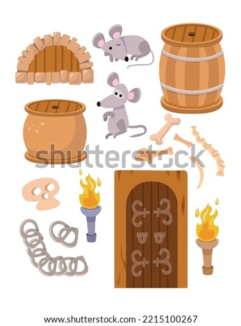 Set of cartoon objects. Cute mice, torches, castle objects, dungeons and wooden doors. Barrels and chains to create scenes. Vector illustration for games, design cards, posters, games.