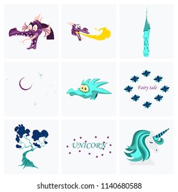 Set of cartoon objects. Cartoon Dragons, castle, Fairy tail, magic tree, month with stars, Unicorn