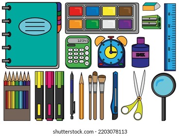 Set Cartoon Objects Elementary School Collection Stock Vector (Royalty ...