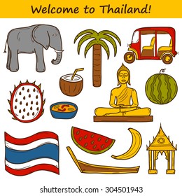 Set of cartoon objects in hand drawn style on Thailand theme: taxi, buddha, flag, fruits, elephant, palm. Vector asia travel concept for your design