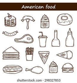 Set of cartoon objects on american food theme: fried potato, hot dog, soda, hamburger, sandwich. Ethnic cuisine and travel concept for your design