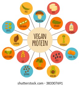 Set of cartoon objects on vegan source of protein theme: tofu, soya beans and milk, quinoa, lentil, chia. Healthy vegetarian or vegan raw food concept for your design. Organic shop or market design