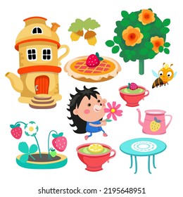 Set of cartoon objects for scenes. Cute hedgehog, kettle house, food, plants, furniture. Vector illustration for design of cards, posters, games.