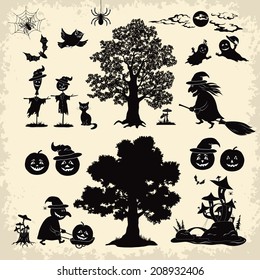 Set of cartoon objects and subjects for the holiday Halloween design, trees, animals and characters, pumpkins, witch, ghosts and other black silhouettes. Vector