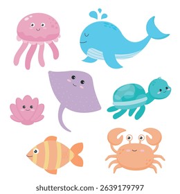 set of cartoon ocean animals