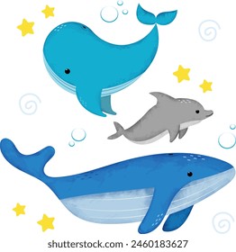 Set of cartoon ocean animals. Two whales and dolphin. Can be used for kids stationery or for children books.